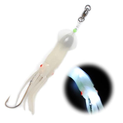 Dr.Fish Saltwater Squid Fishing Lures, 6" LED Lighted Lures 6/0 Hooks Squid Jig Rig Halibut Lincod Jig Offshore Trolling Baits Deep Drop Light Glow in Dark Mackerel Tuna Striper Lures - color: White LED, size: 6/0 J Hook-6"(2.5oz)