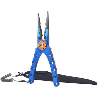 7.9 in Aluminum Fishing Pliers with Stainless Steel Cutters, Sawtooth Jaws, Lanyard and Sheath, Classic Blue