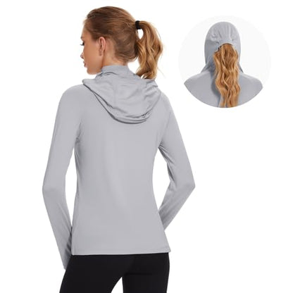 BASSDASH Women’s UPF 50+ Hoodie Shirt with Breathable Face Mask - color: Light Grey, size: 3X-Large