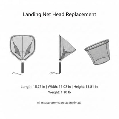 Rubber Mesh Landing Net Head Replacement, Aluminum Alloy Frame for Freshwater Fishing, Smooth Hook Release - size: 15.75 x 11.02 x 11.81"