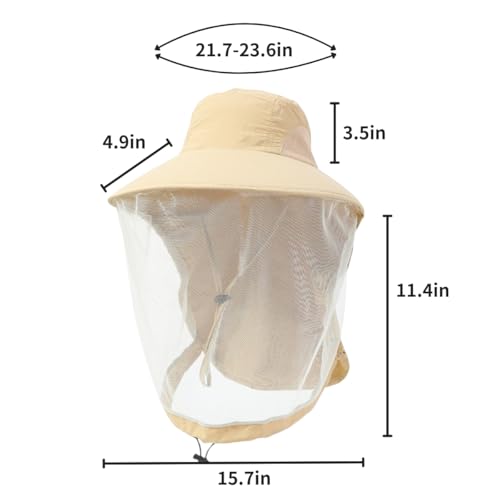 Mosquito Fishing Safari Mesh Net Hat with Neck Flap, Sun Protection Women Men Bug Cap, Hidden Netting Boonie - color: Beige