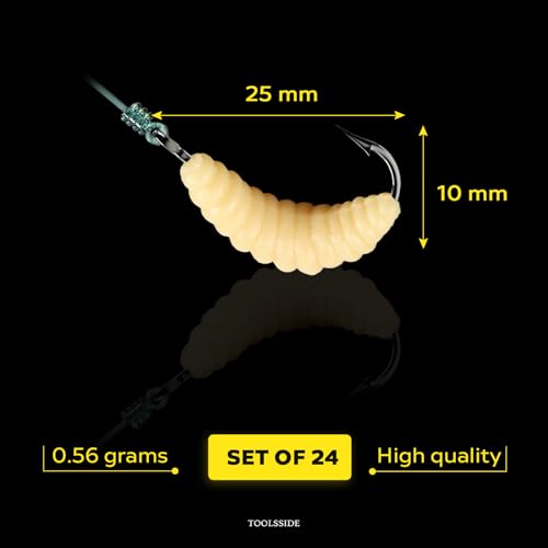 Bluegill Bait 24 Rubber Maggots with Hooks #10 Crappie Trout Panfish Lures | 24 Hooks + 24 Worms | Wax Worm Lure Grubs | Small Hook Micro Jig Soft Bait for Panfish Crappie | Freshwater Fishing Kit