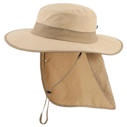 Connectyle Wide Brim Sun Hat for Men Women UPF 50+ Breathable Fishing Hat with Neck Flap Outdoor Hiking Safari Bucket Hats - color: Light Khaki