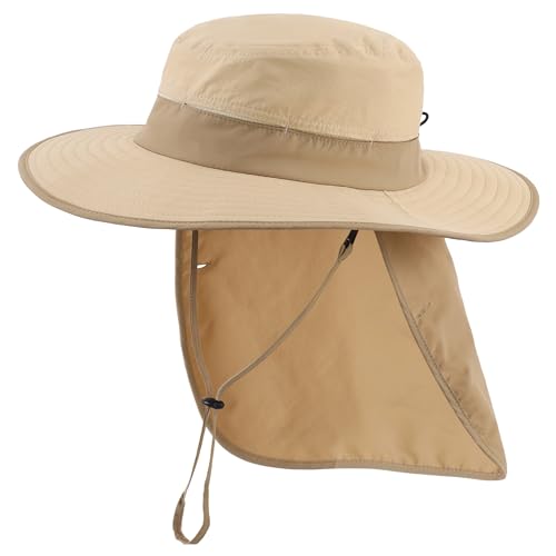 Connectyle Wide Brim Sun Hat for Men Women UPF 50+ Breathable Fishing Hat with Neck Flap Outdoor Hiking Safari Bucket Hats - color: Light Khaki