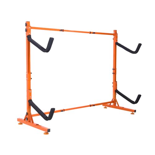 VEVOR Kayak Storage Rack, Heavy Duty Adjustable Freestanding Stand with Lockable Wheels for Indoor Outdoor Garage Shed Dock, Holder for Canoe, SUP, Surfboard & Paddleboard - style: Freestanding-2 Kayaks-orange