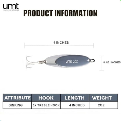 UMT Chrome Fishing Spoon Lure 3/4oz,1oz, 2oz – Sharp 3/0 Treble Hook for Freshwater & Saltwater Bluefish, Trout, Steelhead 1, 5, 10 Pack Options - size: 5 Pack