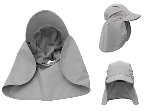 Men Women Safari Fishing Sun Cap with Removable Neck Flap UPF 50+ UV Protection Quick Dry Breathable Hats - color: Light Grey