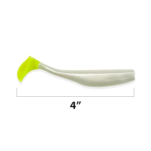 Soft Plastic Paddle Tail Swimbaits – 3 1/4", 4" & 5" Soft Plastic Fishing Lures with Extra-Large Tail for Lifelike Swimming Action – Freshwater & Saltwater - color: Pearl White with Electric Green Tail, size: 4 Inch - 12 Pack
