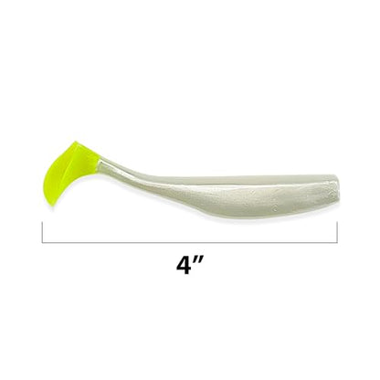 Soft Plastic Paddle Tail Swimbaits – 3 1/4", 4" & 5" Soft Plastic Fishing Lures with Extra-Large Tail for Lifelike Swimming Action – Freshwater & Saltwater - color: Pearl White with Electric Green Tail, size: 4 Inch - 12 Pack