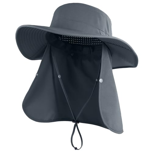 Connectyle Men's Wide Brim Sun Hat with Neck Flap UPF 50+ Packable Breathable Boonie Bucket Hat for Fishing Hiking Safari - color: Dark Grey