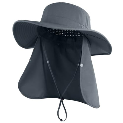 Connectyle Men's Wide Brim Sun Hat with Neck Flap UPF 50+ Packable Breathable Boonie Bucket Hat for Fishing Hiking Safari - color: Dark Grey