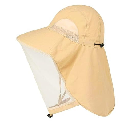 Mosquito Fishing Safari Mesh Net Hat with Neck Flap, Sun Protection Women Men Bug Cap, Hidden Netting Boonie - color: Beige
