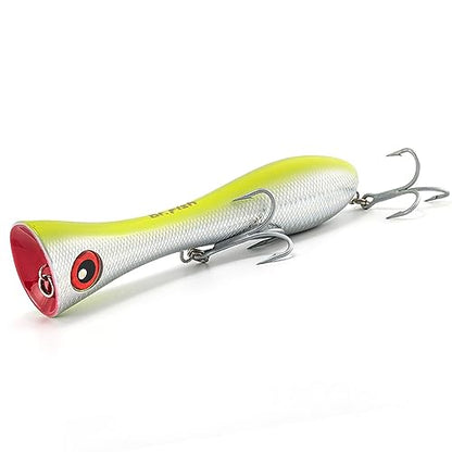 Dr.Fish Popper Saltwater Fishing Lures, 8 Inches GT Popper VMC Treble Hooks Surf Fishing Lures for Striper Tuna Barracuda Mackerel Snapper Bluefish Pencil Plugs Offshore - color: Chrome Chartreuse(8")-1 Pack