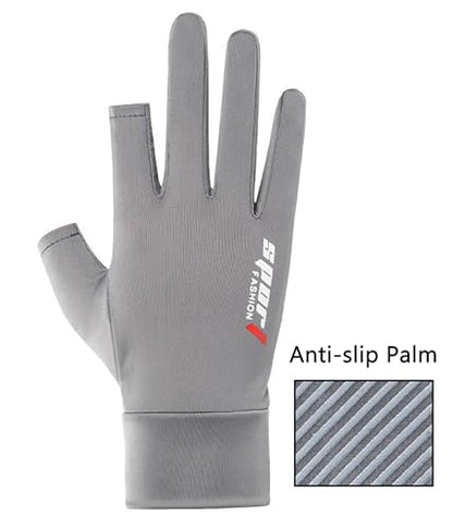 Mens-Sunblock-Gloves-UV-Protection Open-Finger Breathable Quick-Drying Ice-Silky Summer Outdoor Driving Hiking - color: Grey