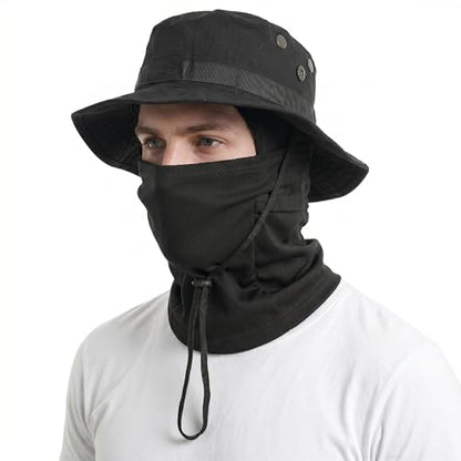 Pistha Sun Hats for Men with Balaclava Face Mask, UV Protection Bucket Hats for Mens Outdoor Fishing Safari Hiking - color: Black