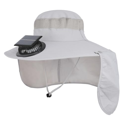 Extra Wide Brim Solar Fan Hat, Mens Fishing Hat with Fan, Neck Flap Sun Hat, UPF 50+ Solar Powered Cooling Cap Fisherman Hats - color: Light Grey With Neck Flap