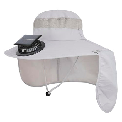 Extra Wide Brim Solar Fan Hat, Mens Fishing Hat with Fan, Neck Flap Sun Hat, UPF 50+ Solar Powered Cooling Cap Fisherman Hats - color: Light Grey With Neck Flap