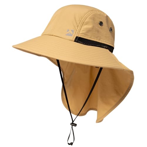 Oversized XL XXL Mens Sun Hat Big Head Neck Flap Shade Waterproof UPF50+ Wide Brim Hat Fishing Safari Hiking - color: Khaki, size: Medium-Large
