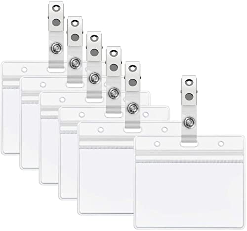 6 Pack Heavy Duty ID Card Badge Holder and Metal Badge Clips,Horizontal Clear PVC Card Holder with Waterproof Resealable