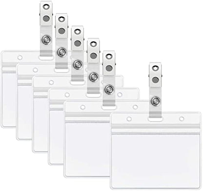 6 Pack Heavy Duty ID Card Badge Holder and Metal Badge Clips,Horizontal Clear PVC Card Holder with Waterproof Resealable