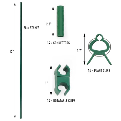 MAXPACE 62pcs Garden Stakes Kit: Includes 20 Sets of Fiberglass Plant Sticks Supports & Accessories for DIY 4ft, 5ft, 6ft, 7ft Stakes for Tomato, Vegetables, Indoor & Outdoor Gardening Supplies - size: 17inch 20pcs