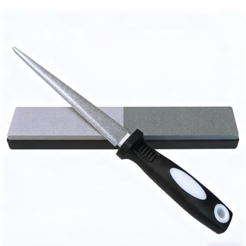 Semi-Circular Double Sided Diamond Sharpening Stone, Ergonomic Black & White Handle 2-in-1 Flat Curved Handheld Sharpener File, Portable Grinding Tool for Knives, Scissors, Fishhooks, Garden Tools