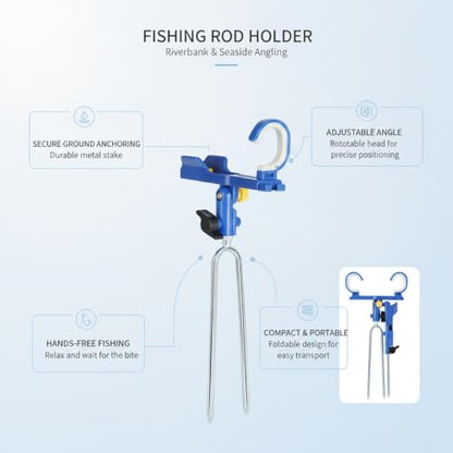 Fishing Rod Holder with Rotatable Head and Ground Spike, Foldable Metal Stake for Riverbank and Beach Angling - color: Blue