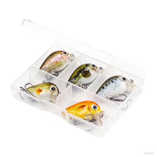 5-Pack Mini Panfish Crankbait - 1.8" 0.12oz Floating Micro Hard Lures, Built-in Rattle, 3D Eyes, Sharp Treble Hooks, Ultralight Finesse Baits for Trout, Crappie, Bluegill, Bass