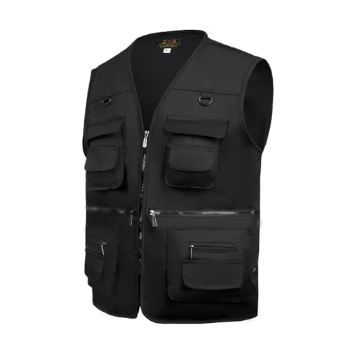 TOLOER Men's Summer Fishing Vest Multi Pockets Casual Vests Waterproof Quick Dry Outdoor Mountain Photography - color: Black, size: Large