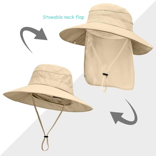 Sun Hats for Men Women, UPF50+ Protection Safari Hat,Wide Brim Fishing Hat with Neck Flap,Bucket Hats for Beach Hiking - color: Beige