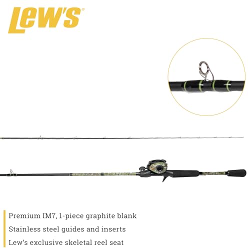 Lew’s American Hero Camo Baitcast Reel and Fishing Rod Combo, IM7 Graphite Rod, 5+1 Bearings, 7.5:1 Gear Ratio, One-Piece Graphite Frame, Camo/Black