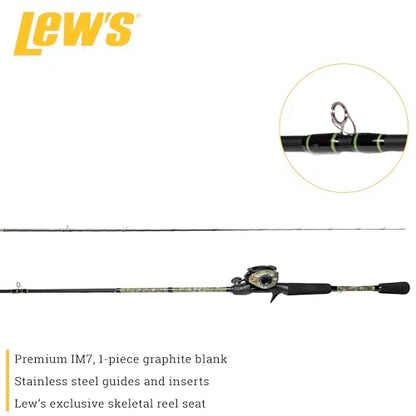 Lew’s American Hero Camo Baitcast Reel and Fishing Rod Combo, IM7 Graphite Rod, 5+1 Bearings, 7.5:1 Gear Ratio, One-Piece Graphite Frame, Camo/Black