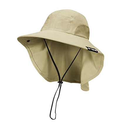 Tirrinia Wide Brim Sun Hat with Neck Flap for Men & Women, Breathable Hiking Fishing Safari Hat, Outdoor UV Protection Cap - color: Light Olive