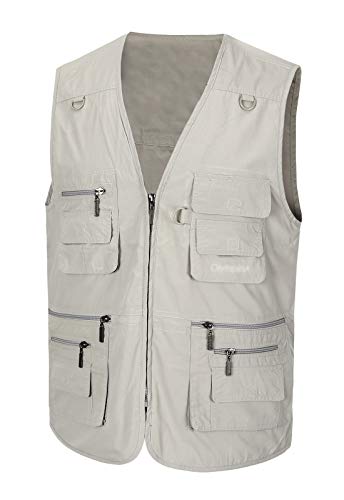 Spanye Mens Fishing Vest Multi Pocket Vests Safari Travel Photo Work Jacket Alive Outerwear - color: Beige, size: Medium