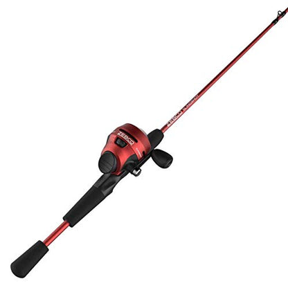 Zebco Slingshot Spincast Reel and Fishing Rod Combo, 2-Piece Fishing Pole, Right-Hand Retrieve, Pre-Spooled with 10-Pound Zebco Line - color: Red