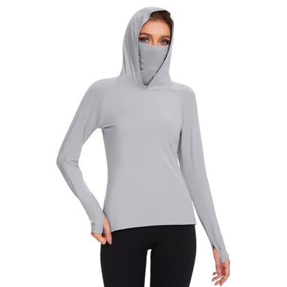 BASSDASH Women’s UPF 50+ Hoodie Shirt with Breathable Face Mask - color: Light Grey, size: Small