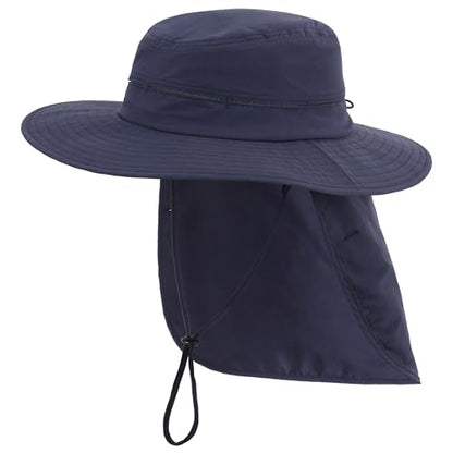 Connectyle Wide Brim Sun Hat for Men Women UPF 50+ Breathable Fishing Hat with Neck Flap Outdoor Hiking Safari Bucket Hats - color: Navy Blue