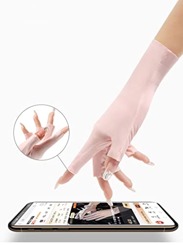 Women Fingerless Gloves Summer UV Protection Gloves Cool Ice Silky Sun Block Driving Unisex - color: Pink+beige
