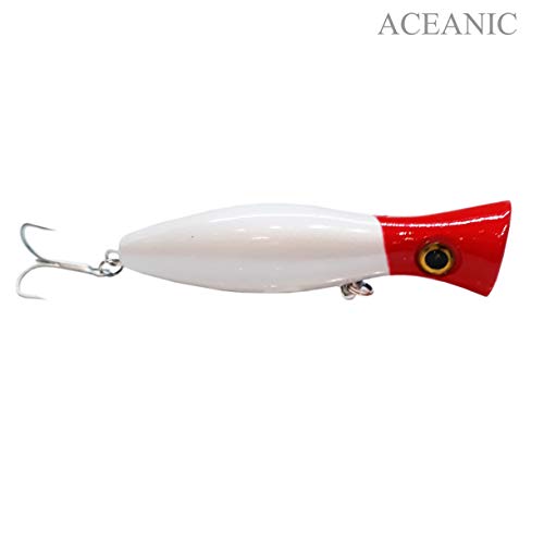 Large Top Water Popper 4.75 in/1.5 oz Lure Artificial Seal Lure 3D Eyes Hard Popper with Hooks and Ring for Saltwater Offshore, Surf Fishing, Bass, Bluefish, Giant Jack - color: RED HEAD