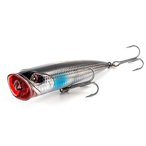 Dr.Fish Popper Saltwater Fishing Lures, 4/5.5 Inches GT Popper VMC Treble Hooks Surf Fishing Lures for Bass Striper Pike Salmon Offshore - color: Chrome Black-1 Pack, size: 4"