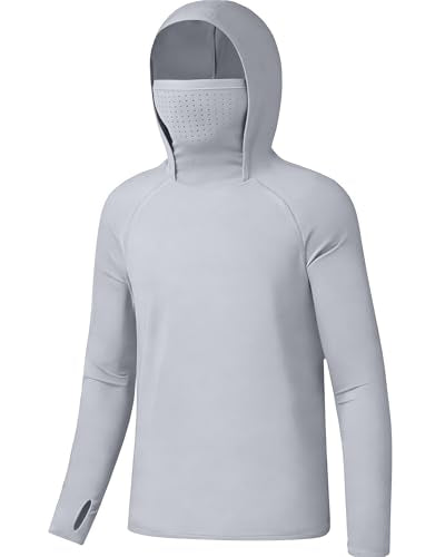 Boys Hooded Fishing Shirt with Mask, Kids UPF 50+ Long Sleeve Rash Guard Hoodie, Sun Protection Beach Swim Shirts - color: Gray, size: Medium