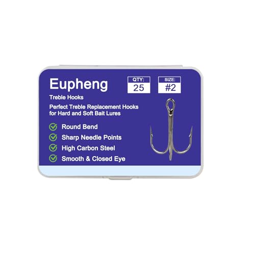 Eupheng Treble Hooks for Saltwater Freshwater High Carbon Steel Hooks Strong Sharp Round Bend Triple Hook for Catfish Trout Hard Baits Lures Fishing Size 1/0 to 12 - size: #2_25pcs