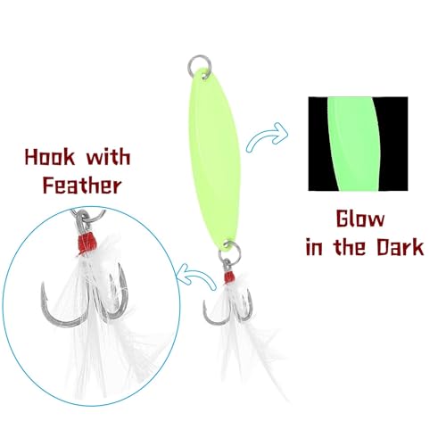 Fishing Spoons Fishing Lures Hard Metal Spinner Baits Glow in The Dark Casting Spoon Treble Hooks Jigs for Freshwater Saltwater，5 PCS with Box - size: 1/2oz