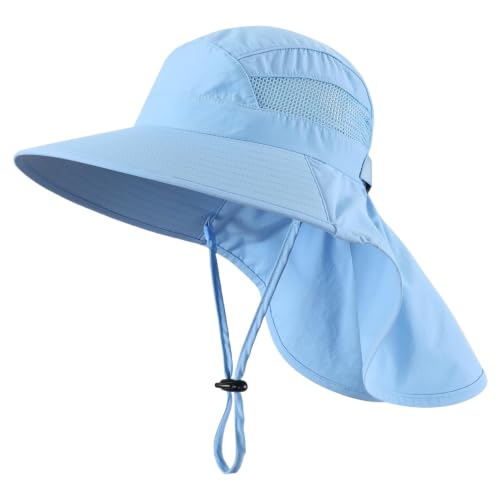 Home Prefer UPF50 Wide Brim Kids Sun Hat Neck Flap Boys Girls Sun Protection Hat for Beach Fishing - color: Light Blue, size: 4-8 Years