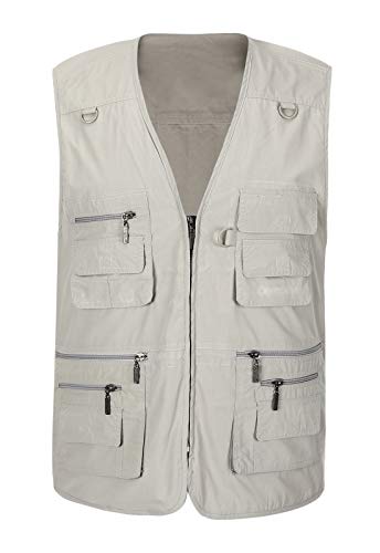 Spanye Mens Fishing Vest Multi Pocket Vests Safari Travel Photo Work Jacket Alive Outerwear - color: Beige, size: Large