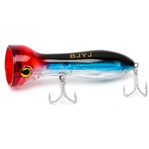 Topwater Popper Fishing Lure, 120mm 4.7in Floating Saltwater Surface Bait with BKK 3X Strong #1 Treble Hooks and Split Rings, Long Casting Hard Lure for Striped Bass Tuna Bluefish Inshore Fishing - color: A2-1PCS/1.48OZ-4.7"