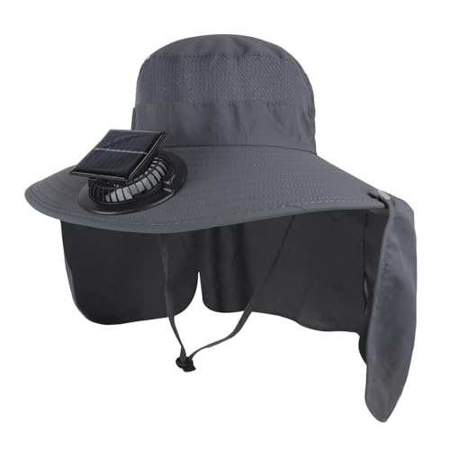 Extra Wide Brim Solar Fan Hat, Mens Fishing Hat with Fan, Neck Flap Sun Hat, UPF 50+ Solar Powered Cooling Cap Fisherman Hats - color: Deep Gray With Neck Flap