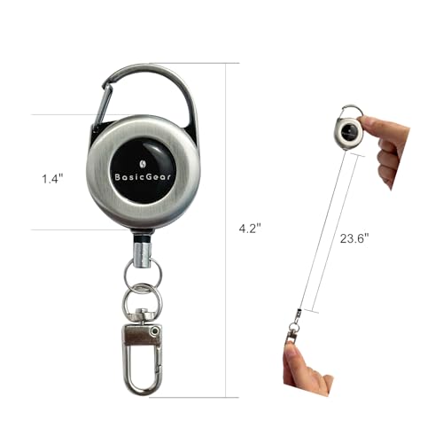 BasicGear Zinger Retractable Keychain 2 Pack – Brushed Metal with 24" Cord, Heavy Duty Badge Reel for Fishing & Outdoors