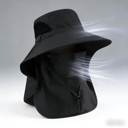 Sun Hat for Men and Women, UPF 50+ UV Protection, Wide Brim Breathable, Fish Hat with Neck Flap and Breathable Face Mask - color: Black