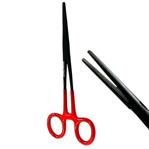 1 Piece Multi-Purpose Hemostat Pliers Forceps, 6.25in, with Vinyl Red Grip, Serrated Jaws - Black - Stainless Steel - for Fishing, Electronics, Crafts, and More.